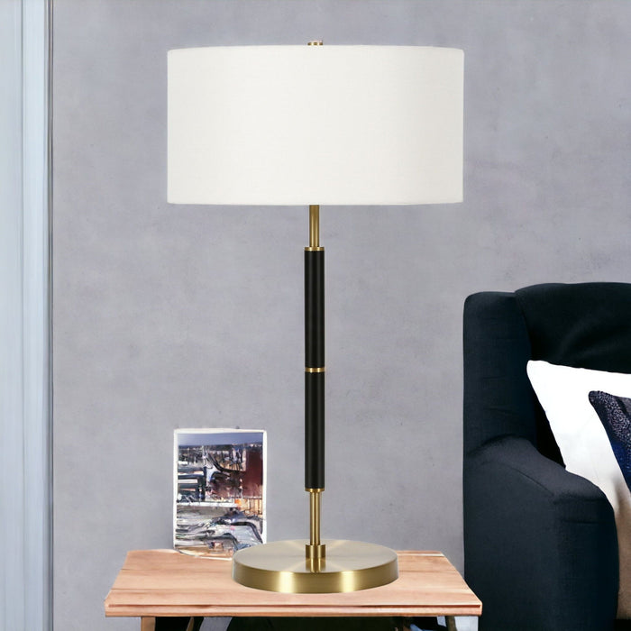 Metal Two Light Table Lamp With White Drum Shade - Black And Gold