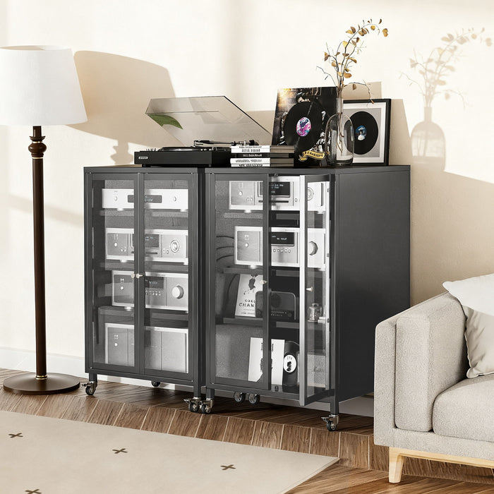 Media Storage Cabinet With Wheels, 4 Adjustable Glass Shelves & Door, Heavy-Duty - Black Home Essentials