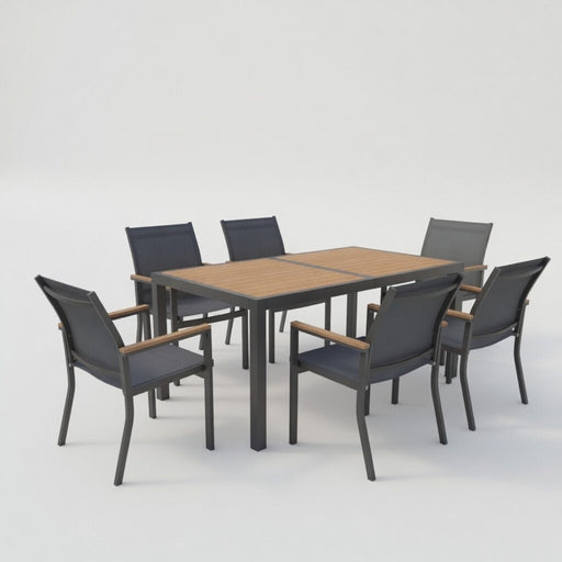 7 Piece Gray Aluminum Patio Dining Set With Textilene Chairs For Outdoor Living Frame With Accents, 59" Rectangle Table, All Weather Durable Home Essentials