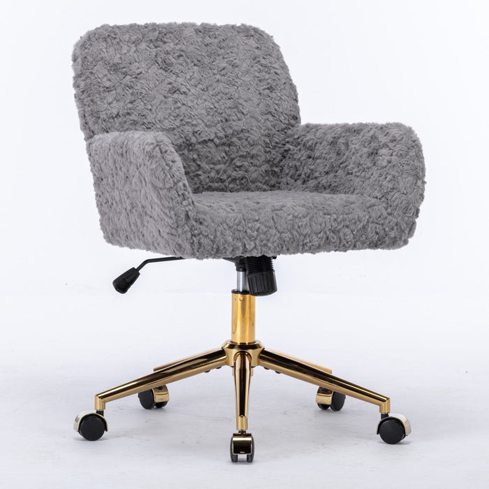 A&A Furniture Office Chair, Artificial Rabbit Hair Home Office Chair With Golden Metal Base, Adjustable Desk Chair Swivel Office Chair, Vanity Chair (Gray)