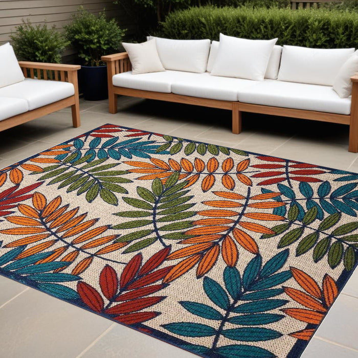 10' X 13' Floral Non Skid Indoor / Outdoor Area Rug - Beige Green / Orange