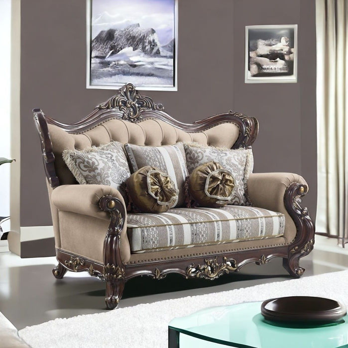 Linen Curved Loveseat And Toss Pillows - Brown / Dark Brown