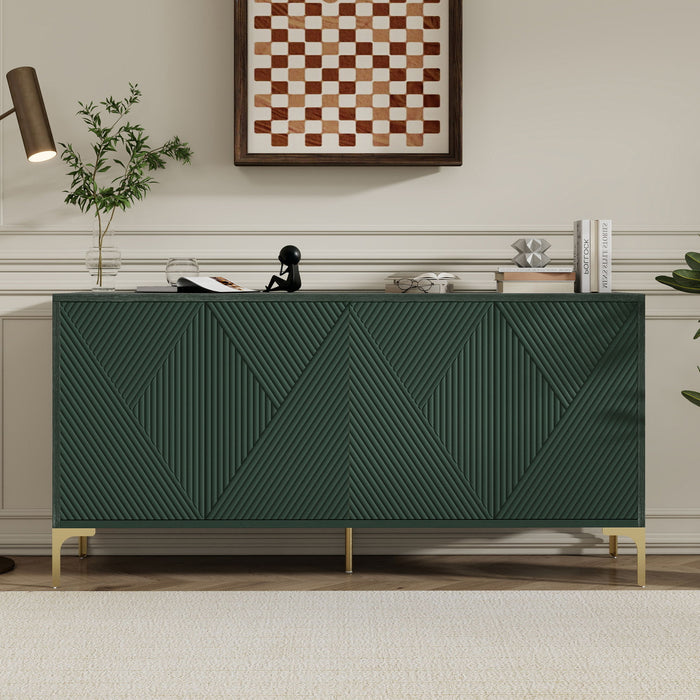 Modern Wood Sideboard Cabinet With Carved Door Panels, Adjustable Shelves, And Sturdy Metal Legs
