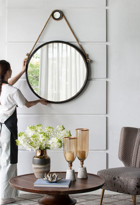 Handsome Cleveland Mirror With Rope Strap Contemporary Design Circle Mirror With Round Metal Frame For Wall Decor Daily Nest
