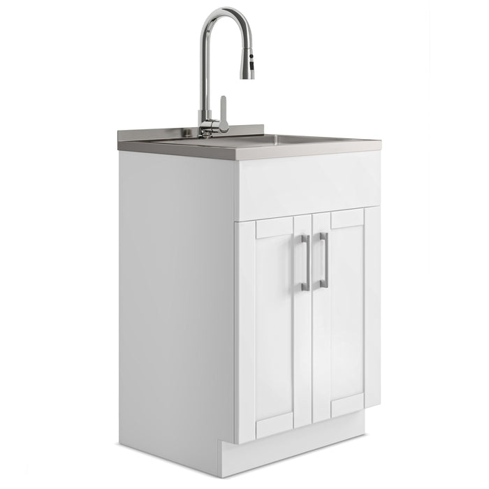 Modern Wide Shaker - 24" Laundry Cabinet With Faucet And Stainless Steel Sink - White