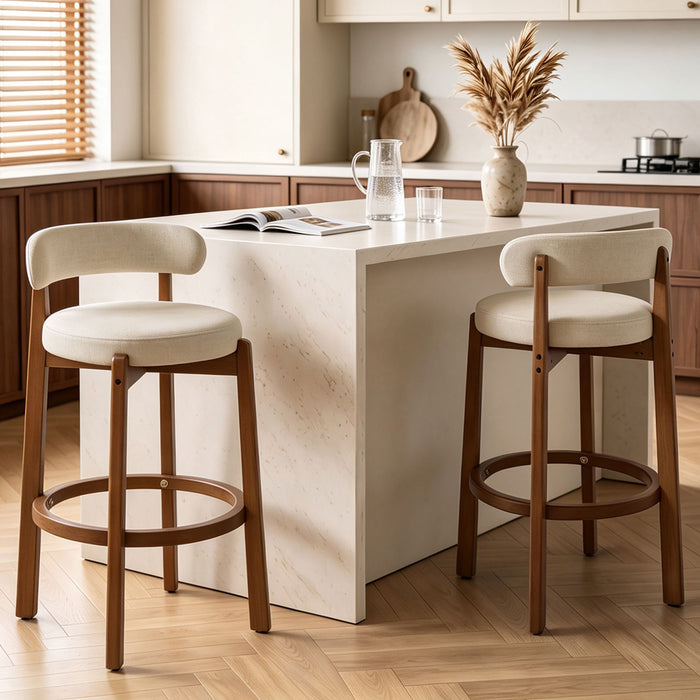 Bar Stool With Curved Backrest, Rounded Edges, And Footrest (Set of 2) - Beige / Walnut Hearth and Haven