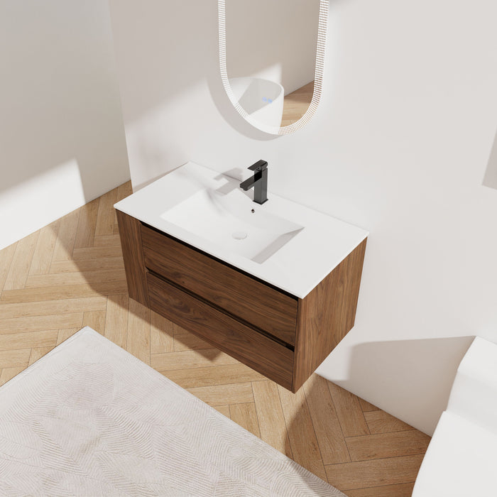 36" Wall Mounting Bathroom Vanity With Ceramic Sink, Soft Close Drawer - Brown Oak