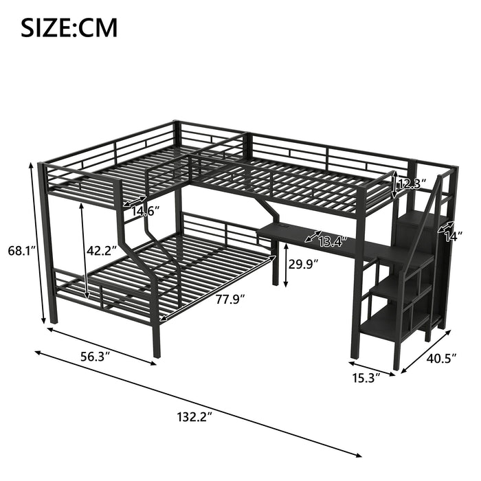 Twin Over Full L Shaped Bunk & Loft Bed With Built-In Wardrobe, Desk, And USB Ports - Black Dreamland