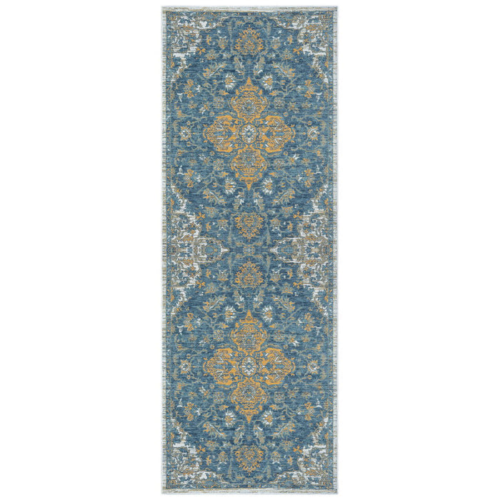 2' X 8' Medallion Stain Resistant Indoor / Outdoor Runner Rug - Blue / Ivory