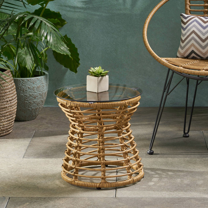San Pedro - Boho Style Side Table With Tempered Glass Top - Light Brown Rattan