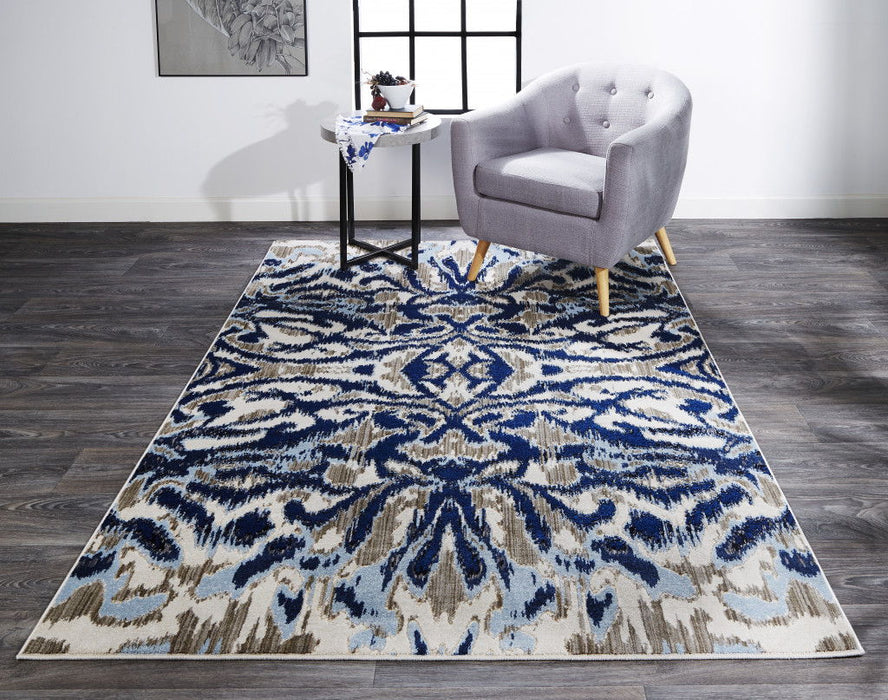 Ikat Distressed Area Rug - Blue Taupe And Ivory - 5' X 8'