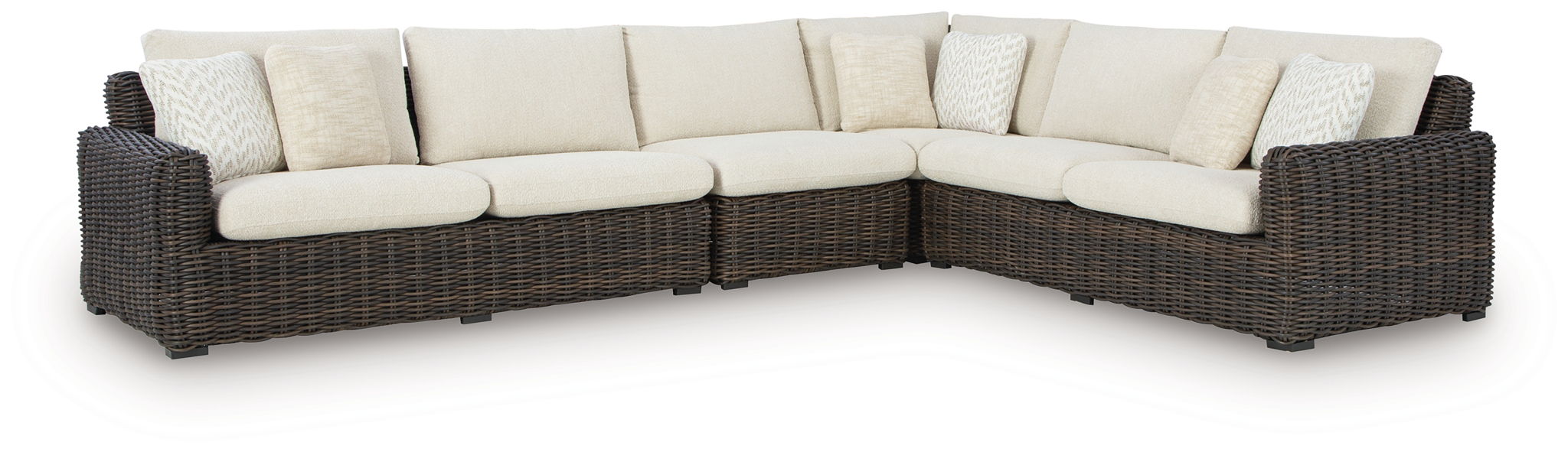 Kimora - 7 Pc. - 4-Piece Outdoor Sectional, Swivel Glider Lounge, Cocktail Table, End Table - Beige / Dark Brown Signature Design by Ashley®