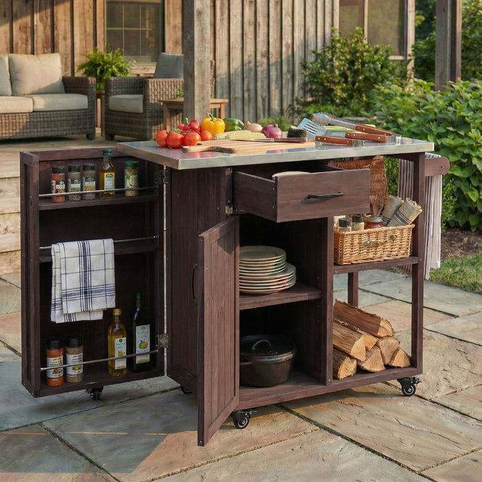 Outdoor Kitchen Island Prep Station With Lockable Wheels, Ample Storage, Towel & Spice Racks Hearth and Haven