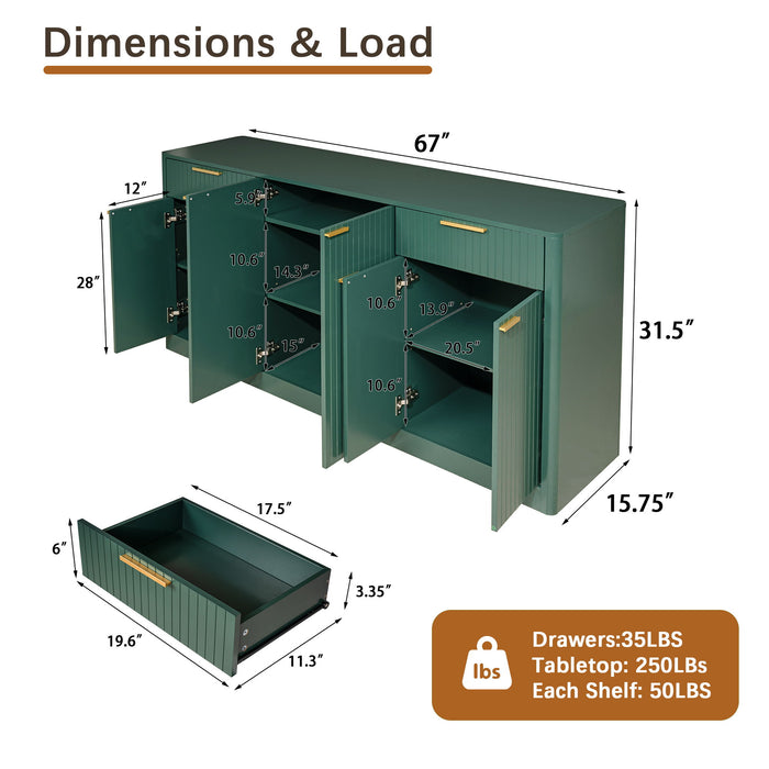 Large Fluted Buffet Sideboard, Wine Bar Storage Cabinet With 6 Doors & 2 Drawers Home Essentials