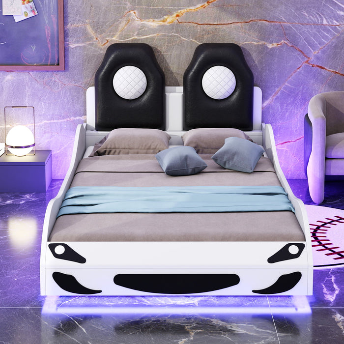 Race Car Shaped Platform Bed With LED And Upholstered Backrest In
