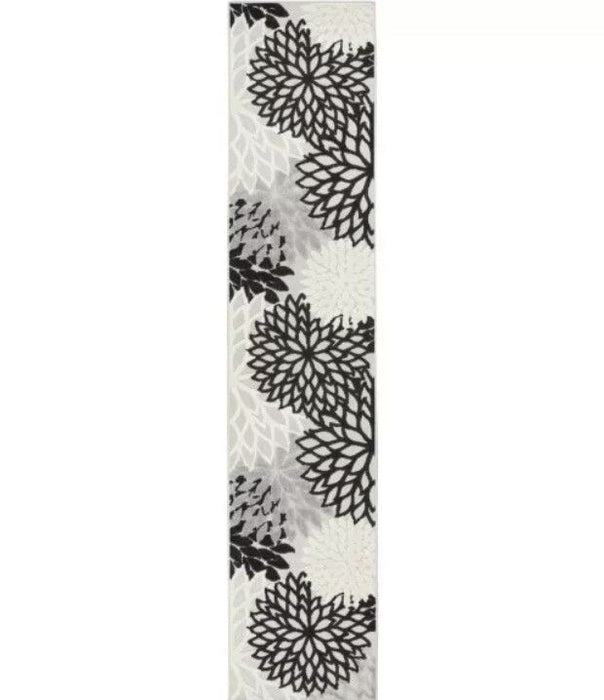 2' X 10' Floral Non Skid Indoor / Outdoor Runner Rug - Black / White