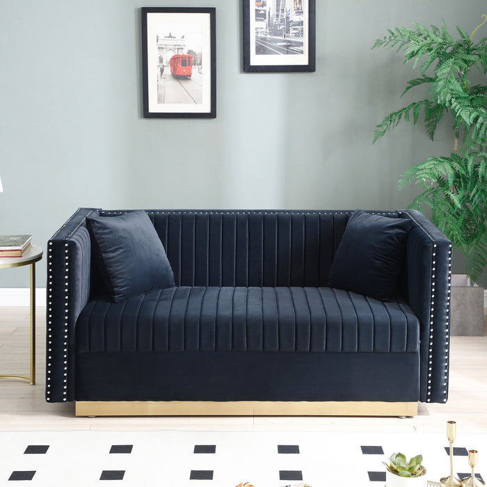 Contemporary Vertical Channel Tufted Velvet Sofa Loveseat Modern Upholstered 2 Seater Couch For Living Room Apartment With 2 Pillows - Black