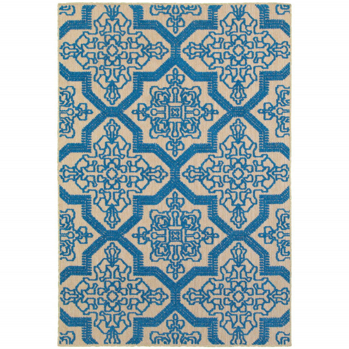 2' X 3' Oriental Stain Resistant Outdoor / Indoor Area Rug - Blue / Beige