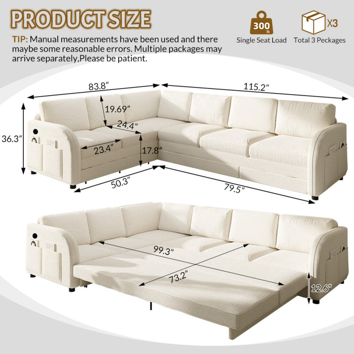 L-Shaped Couch With Pull-Out Bed, Convertible Sleeper Sofa With Side Pocket & USB Port