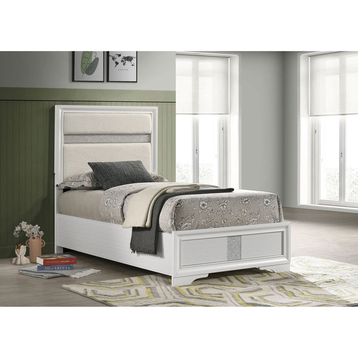 Panel Bed With Padded Headboard And Glittering Accent Stripes Furniture Max
