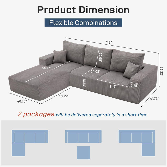 Modular Sectional Sofa With Ottoman, USB And Type C Charger, Petal Armrest Design