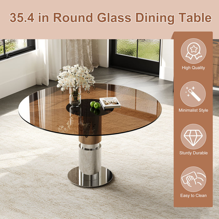 Round Dining Table / Tempered Glass Top - Brown Home Essentials