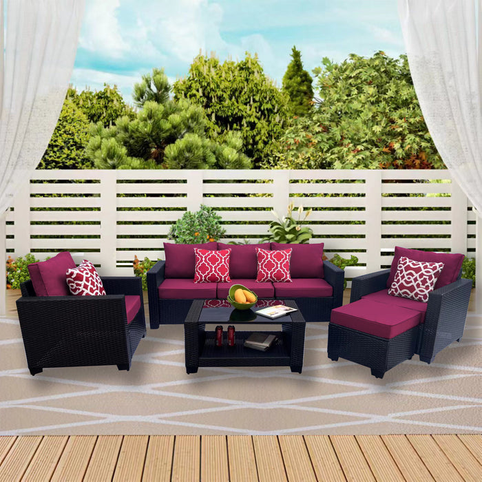 Outdoor Garden Patio Furniture 7 Piece PE Rattan Wicker Cushioned Sofa Sets And Coffee Table, Patio Furniture Set;Outdoor Couch;Outdoor Couch Patio Furniture;Outdoor Sofa;Patio Couch - Red