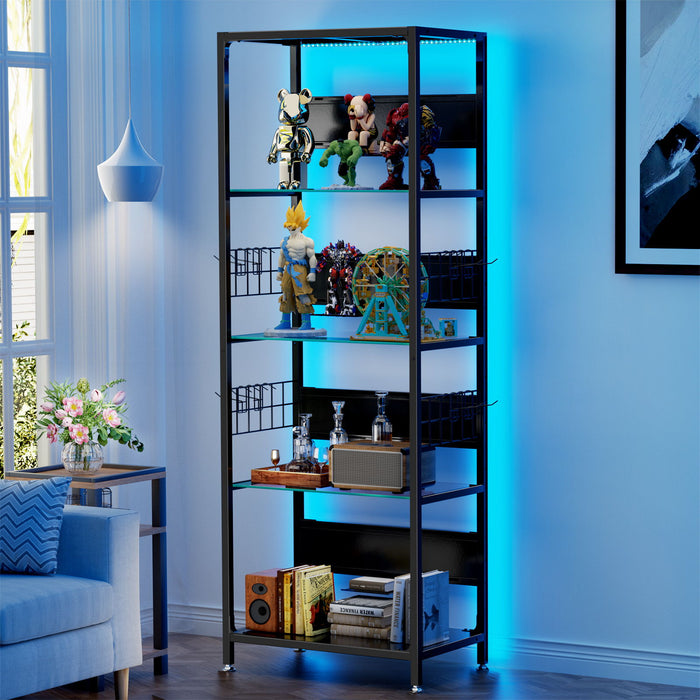 4 Tier Display Shelf With RGB Lights, LED Lighted Curio Cabinet With Adjustable Storage Box & Hooks - Black Daily Nest