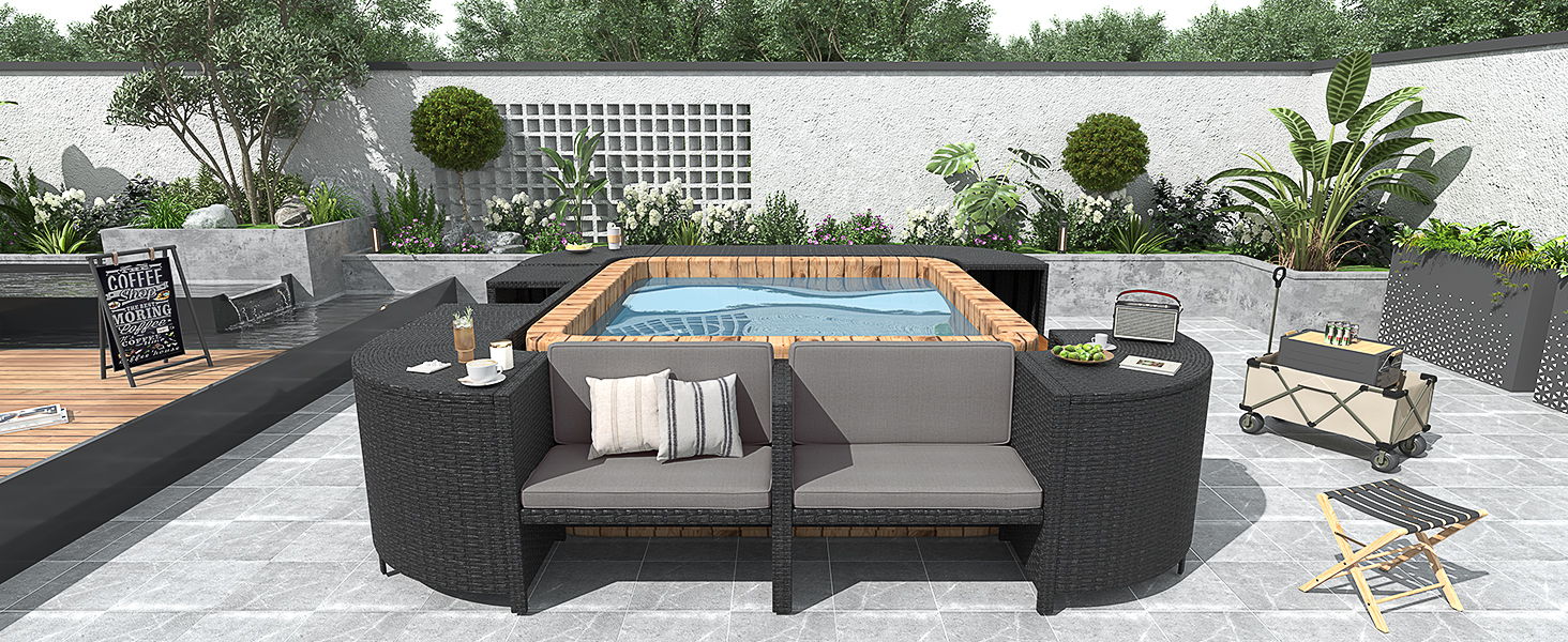 Spa Surround Spa Frame Quadrilateral Outdoor Rattan Sectional Sofa Set With Mini Sofa, Wooden Seats And Storage Spaces, Gray