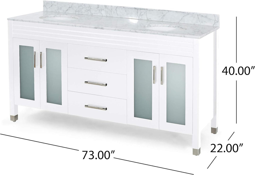 73'' Bathroom Vanity With Marble Top & Double Ceramic Sinks, 4 Doors With Glass, 3 Drawers, White
