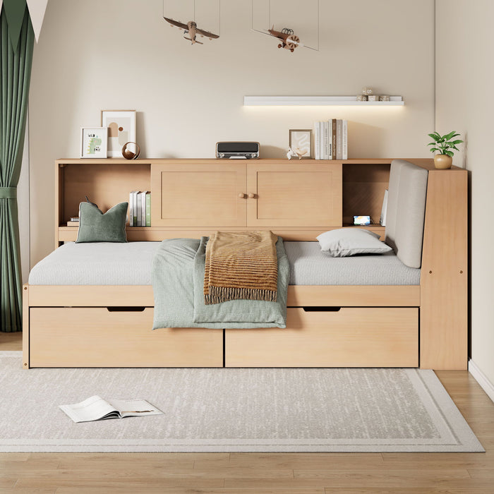 Twin L - Shaped Daybed With Storage Bookcase, Upholstered Headboard, USB Charging Ports & Hidden Drawers - Natural Hearth and Haven