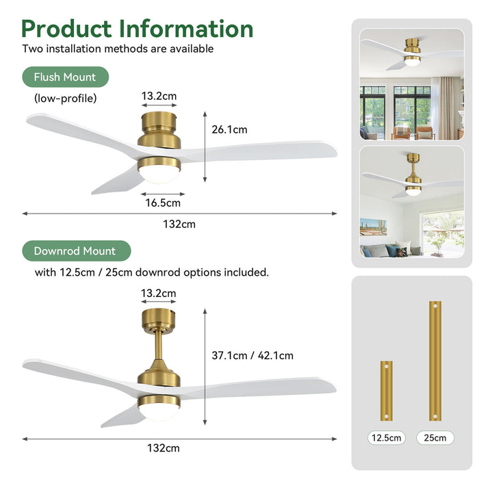 52" Ceiling Fan With Light And DC Motor, Flush Mount / Downrod, Ideal For Living Room - Gold / White Daily Nest