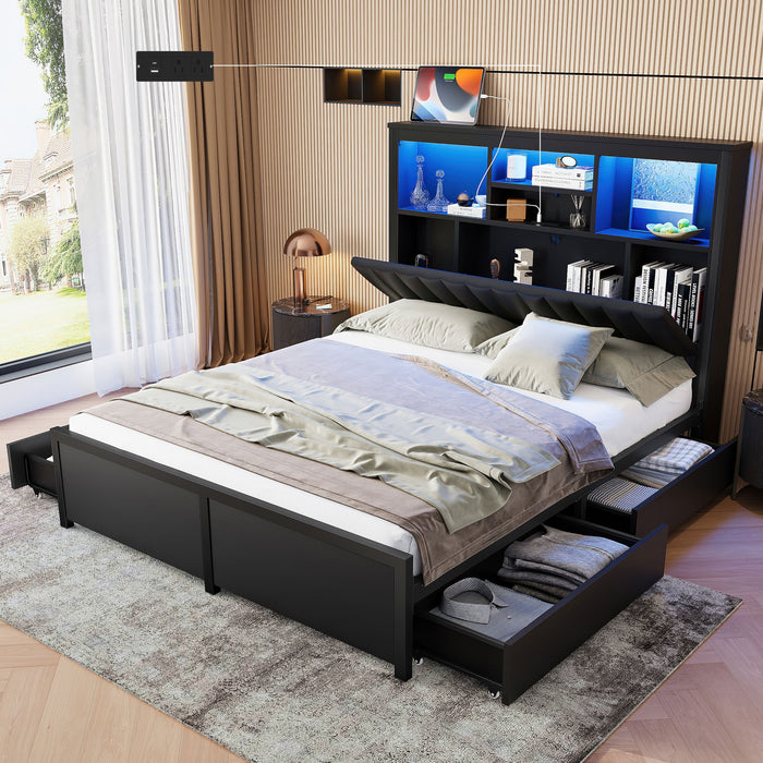 Bed Frame With High Storage Headboard, LED Light And Charging Station, 4 Storage Drawers Home Essentials