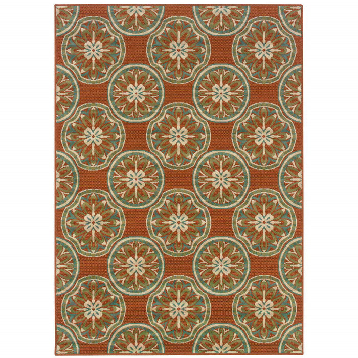 7' X 10' Floral Stain Resistant Indoor & Outdoor Area Rug - Brown / Ivory