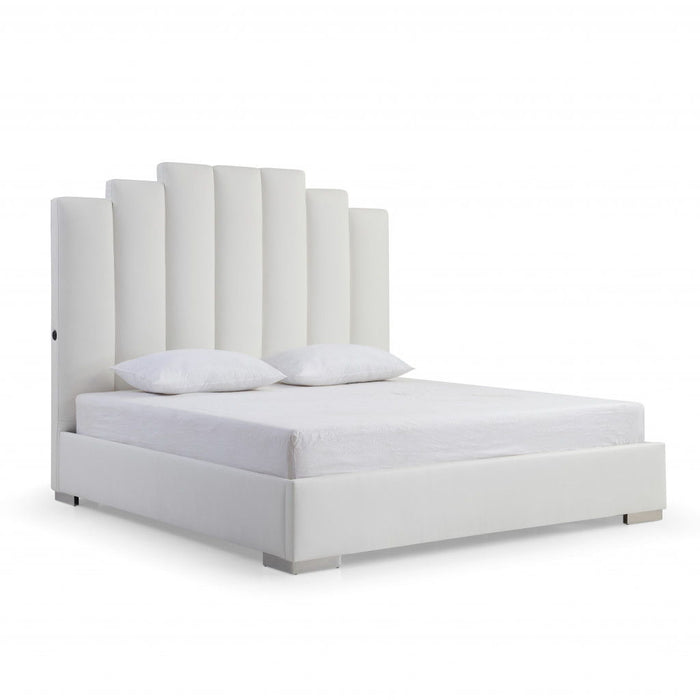 Queen Vertical Channel Faux Leather Bed with USB - White