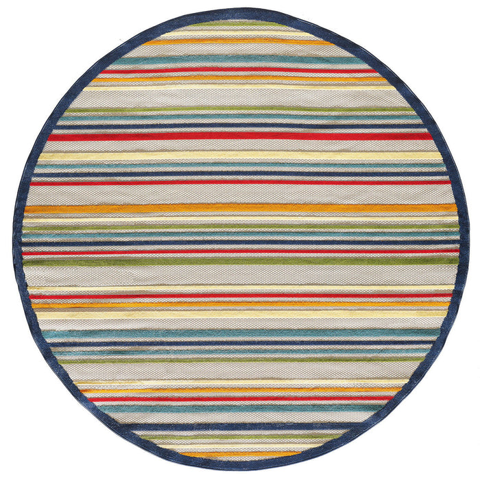 8' Round Round Striped Stain Resistant Indoor / Outdoor Area Rug - Ivory / Blue