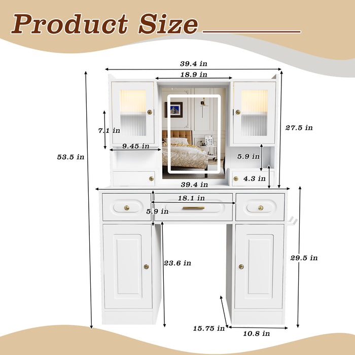 Large Vanity Table Set With Mirror, 6 Drawers & Shelves, Power Socket, Hair Dryer Holder, Cabinet Light, Dressing Desk - White Home Essentials