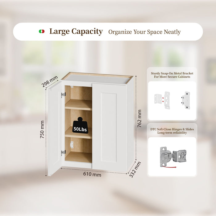Shaker Wall Cabinet With Soft Close Hinges, Adjustable Shelves, Double Door Home Essentials