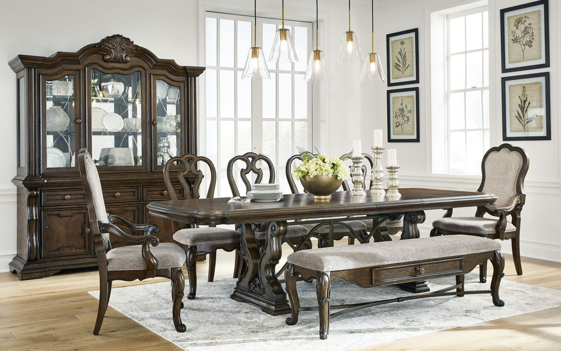 Maylee - 11 Pc. - Dining Extension Table, 4 Side Chairs, 2 Arm Chairs, Storage Bench, Buffet And Hutch - Dark Brown Signature Design by Ashley®