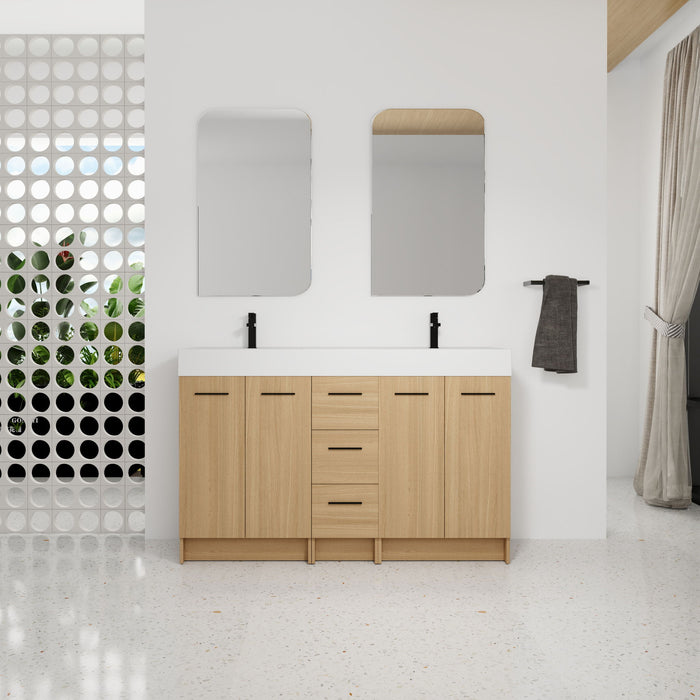 Double Sink Bathroom Vanity With 3 Drawers, Large Storage, Integrated Sink, Freestanding Cabinet, Soft Close Hardware - Glossy White / Light Oak Home Essentials