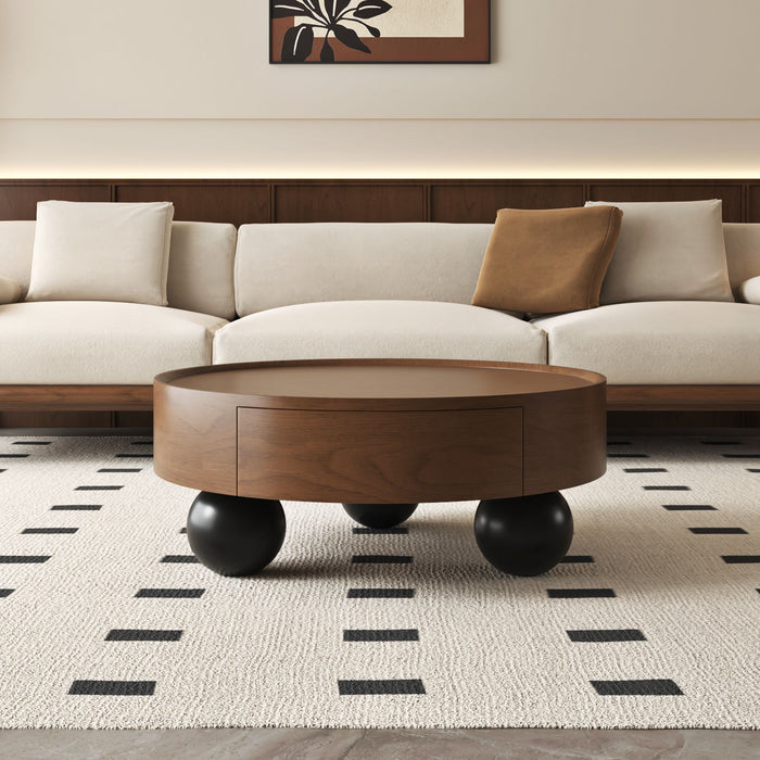 Round Coffee Table With Storage Drawer And Ball Feet - Walnut / Black Home Essentials