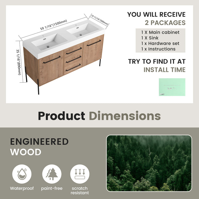 60" Freestanding Bathroom Vanity With Double Sink, Soft Close Doors, 3 Drawers - Imitative Oak Home Essentials