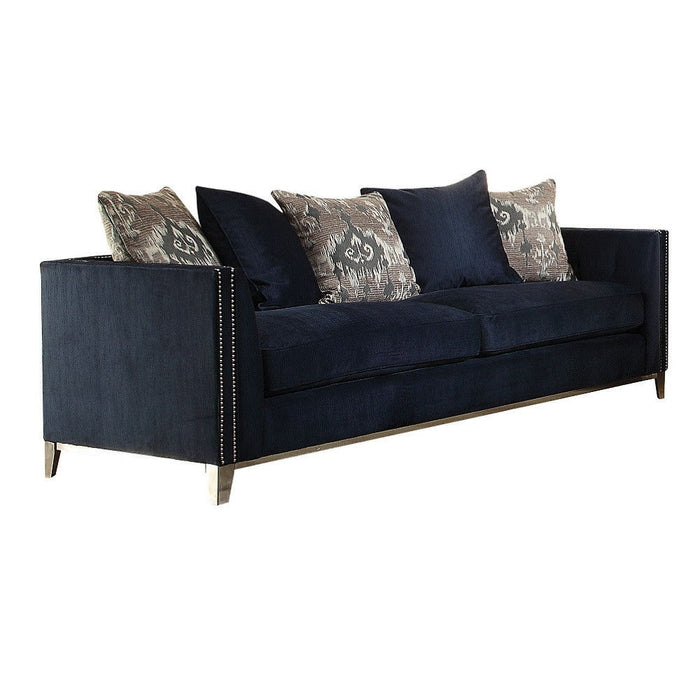 Velvet Sofa And Toss Pillows With Silver Legs - Blue