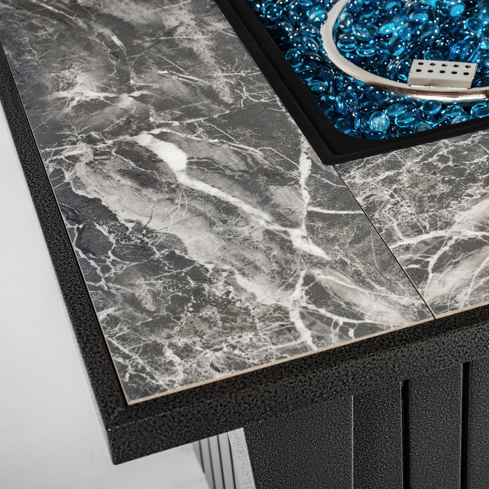 Morden Steel Fire Pit Table With Marble Tile Tabletop, Glass Wind Guard And Lid Patioseek
