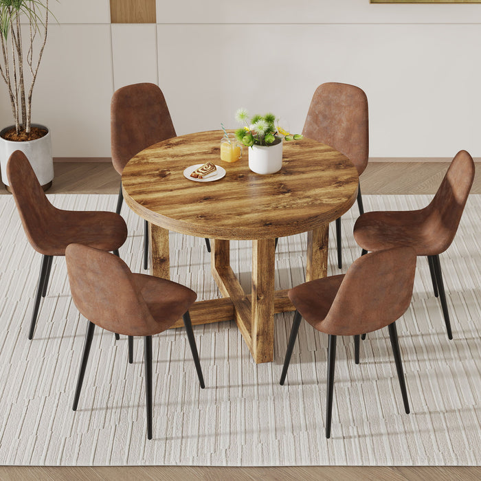 A Modern And Practical Circular Dining Table. Made Of MDF Tabletop And Wooden MDF Table Legs & A Set of 6 Brown Cushioned Chairs
