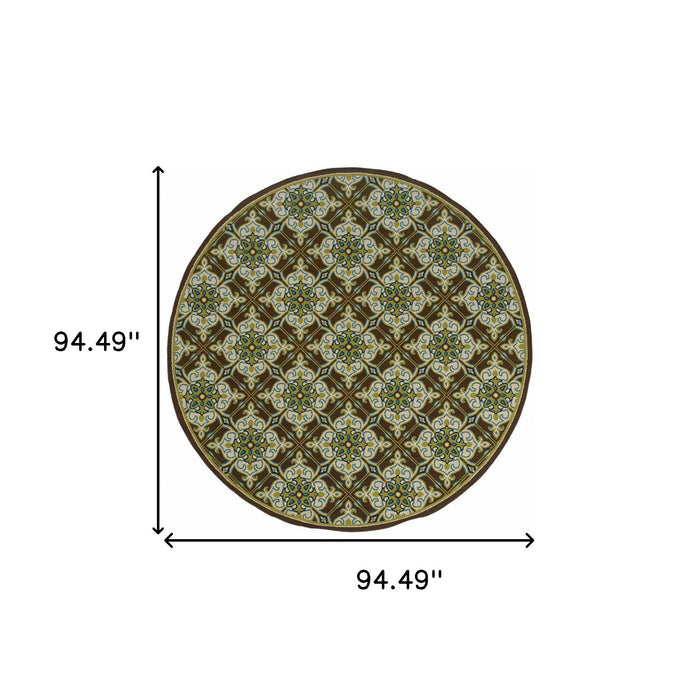 8' X 8' Round Floral Stain Resistant Indoor / Outdoor Area Rug - Brown / Ivory