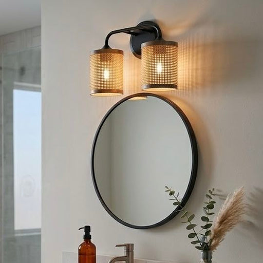 Quell - Double Light Vanity With Natural Shade Wall Lamp - Black / Rattan Ashcroft Furniture