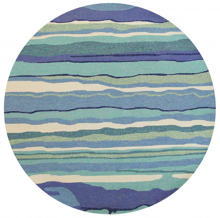 8' Hand Hooked UV Treated Abstract Waves Round Indoor / Outdoor Area Rug - Ocean Blue