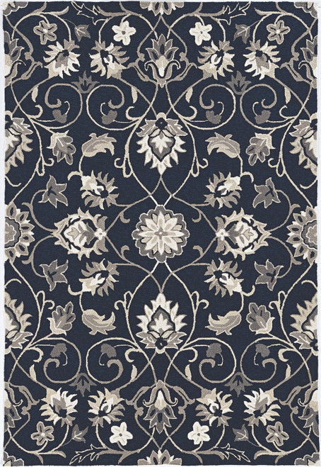 8' X 10' Hand Woven UV Treated Traditional Floral Vines Indoor / Outdoor Area Rug - Navy Blue