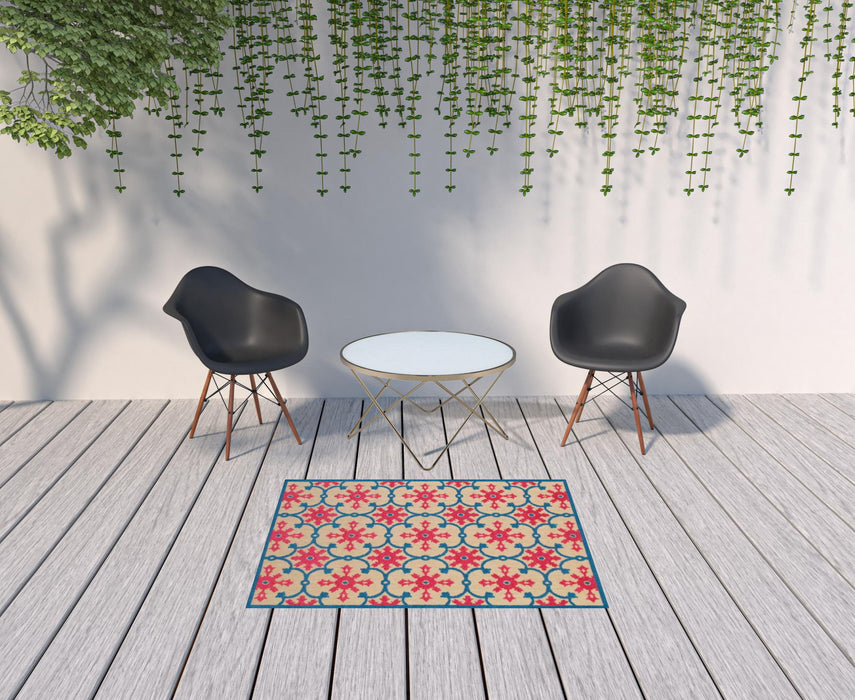 4' X 5' Oriental Stain Resistant Indoor / Outdoor Area Rug - Blue / Beige